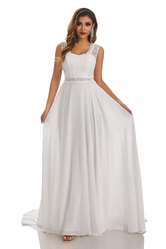 Elegant Sleeveless Lace Appliques Chiffon Beach Wedding Dresses