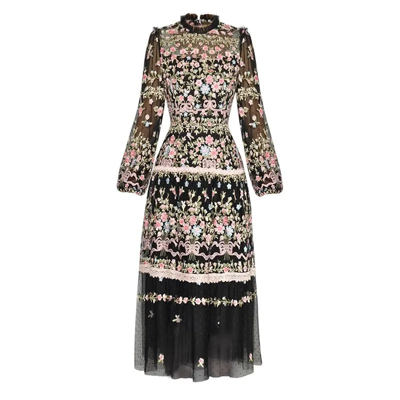 Floral Embroidery Black Vintage High Waist Midi Dress