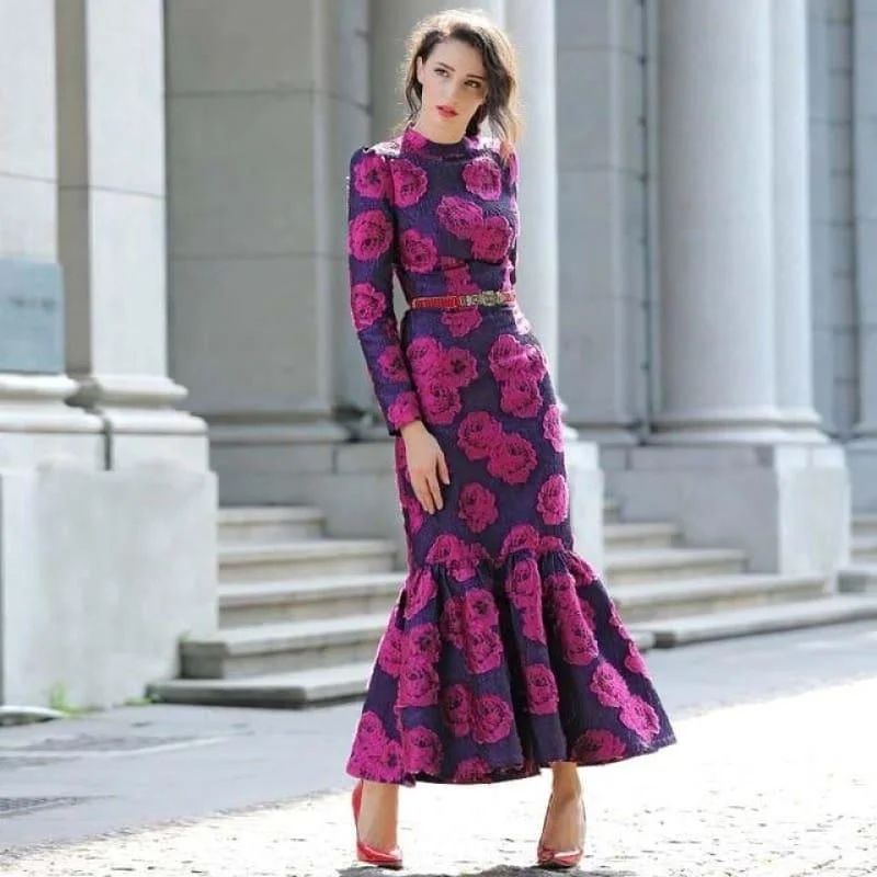 Fuchsia Vintage Flowers Mermaid Long Sleeve Maxi Dress