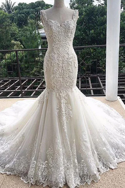 Gorgeous Mermaid Sweetheart Sleeveless Lace Tulle Long Wedding Dresses