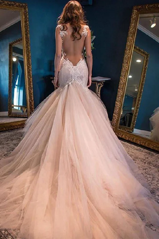 Gorgeous Mermaid Sweetheart Sleeveless Watteau Train Tulle Wedding Dresses