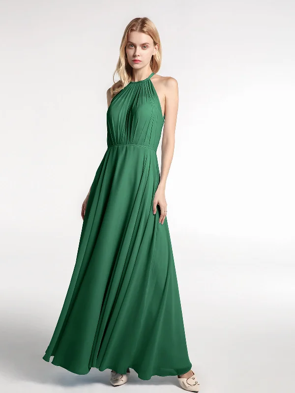 Halter Neck Chiffon Maxi Dress with Circle Skirt-Dark Green