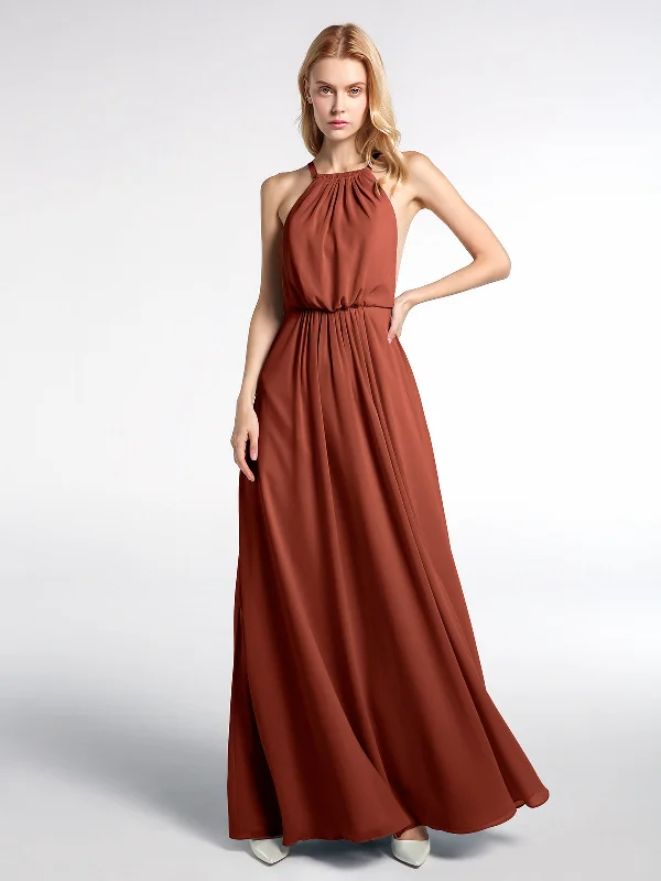 Halter Neck Low Back Chiffon Maxi Sexy Dress-Rust