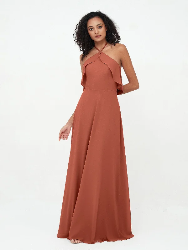 Halter Strap Chiffon Long Bridesmaid Dresses Rust