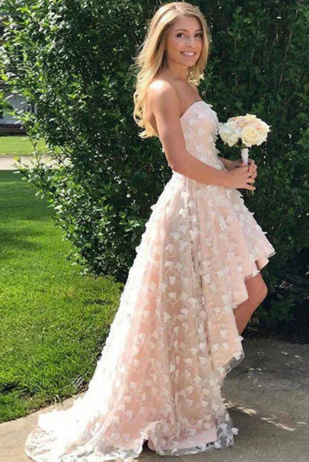 A Line Pink High-low Strapless Ruffles Prom Dresses