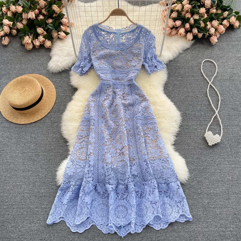 Hign Waist Round Neck Short Sleeve Lace Midi Dress