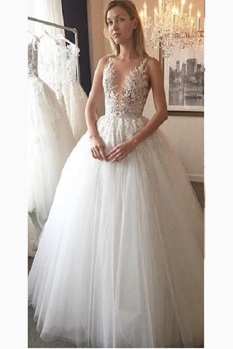 Ivory Deep V-Neck Lace Appliqued Tulle Wedding Dresses