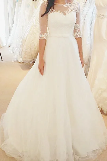 Ivory Half Sleeves Floor-length Bateau With Lace Applique Tulle Wedding Dresses Bridal Gown N495