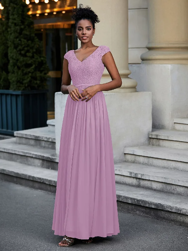 Lace and Chiffon Maxi Dress with Cap Sleeves-Wisteria