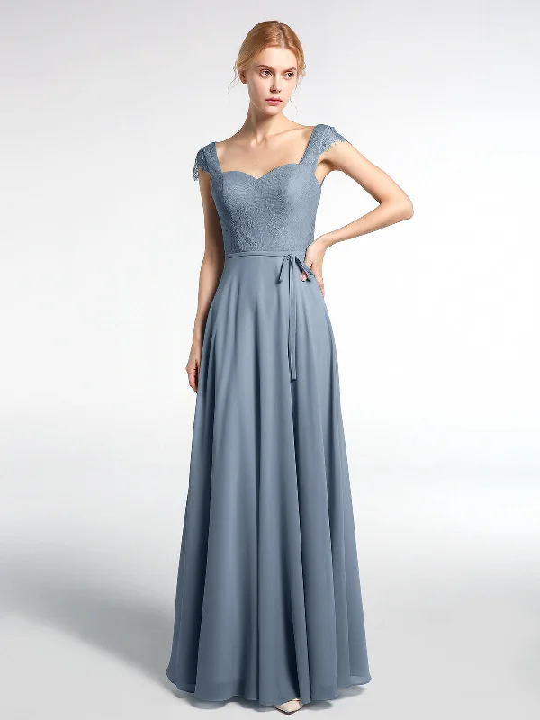 Lace Bodice Chiffon Skirt Dress with Cap Sleeves-Dusty Blue