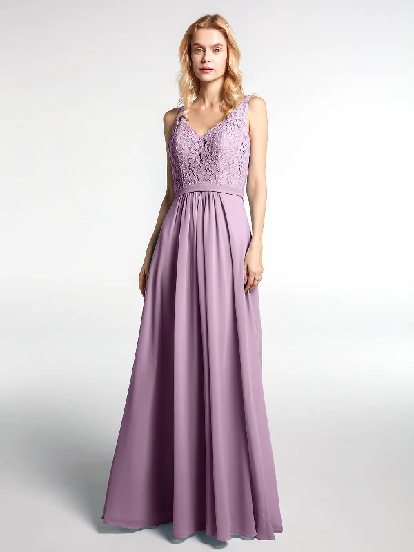 Lace Bodice Chiffon Skirt Maxi Dress with V-neck-Wisteria