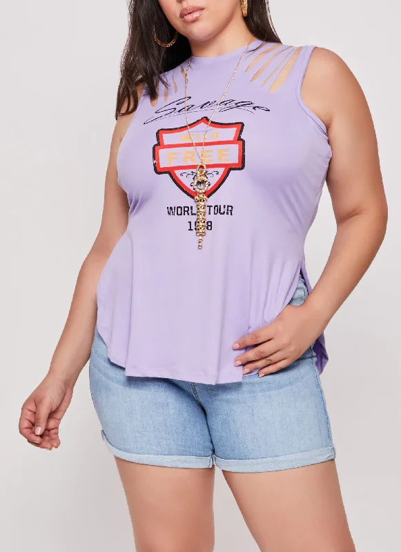 Plus Size Savage Wild Free Laser Cut Graphic Tank Top with Necklace