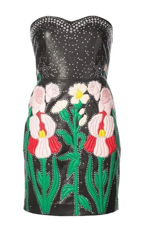 Leather Flower Intarsia Strapless Dress