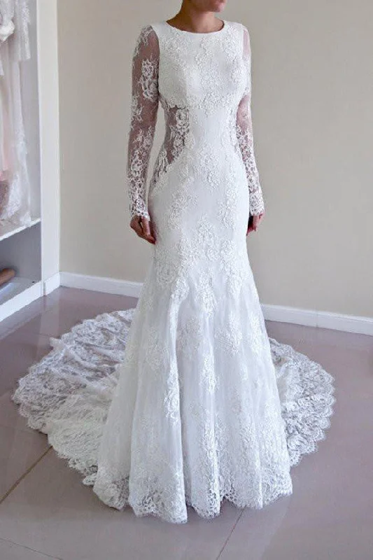 Elegant Mermaid Open Back Long Sleeves Lace Wedding Dresses with Trailing