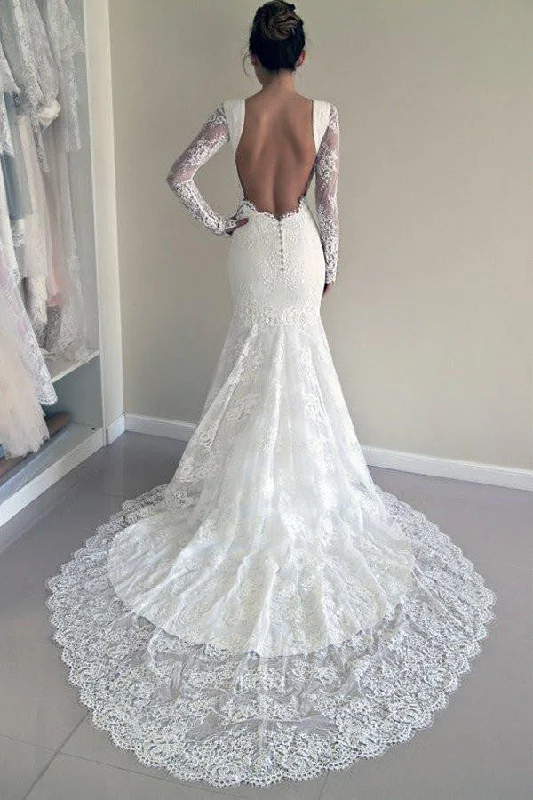 Elegant Mermaid Open Back Long Sleeves Lace Wedding Dresses with Trailing