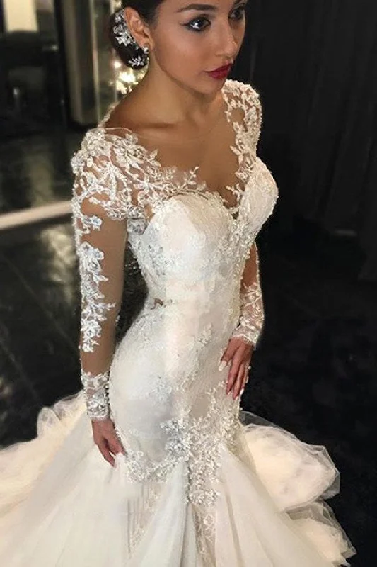 Gorgeous Ivory Long Sleeves Mermaid V-Neck Wedding Dresses With Lace Appliques