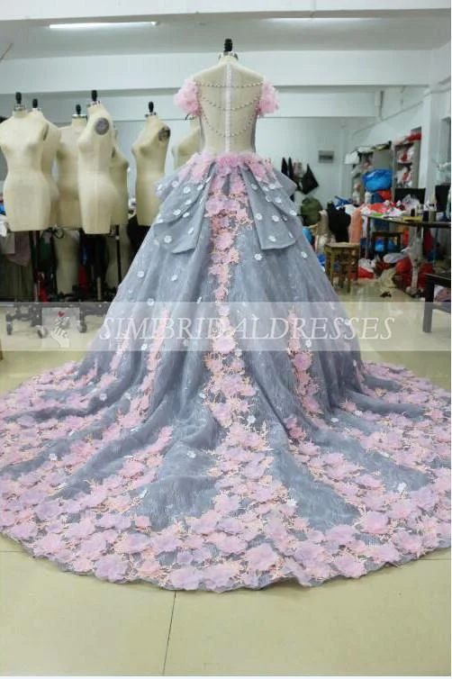 Luxurious Ball Gown Backless Appliques Long Wedding Dresses with Flowers N308