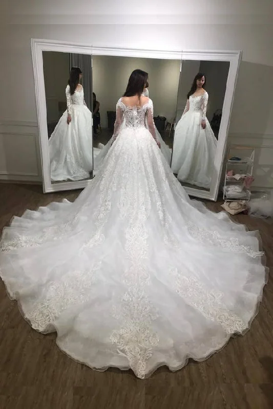 Luxurious Ball Gown Long Sleeves Court Train Lace Applique Wedding Dresses N429