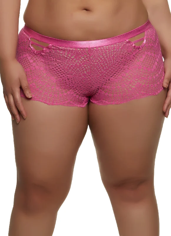 Plus Size Caged V Ribbon Trim Lace Boyshort Panty