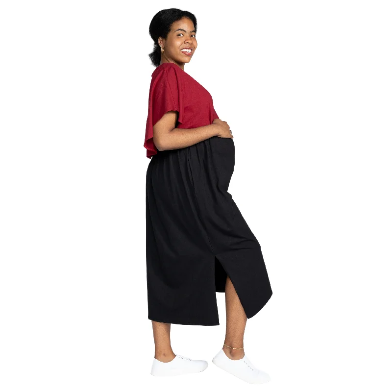 Maroon & Black Nursing Friendly Maternity Maxi Dress