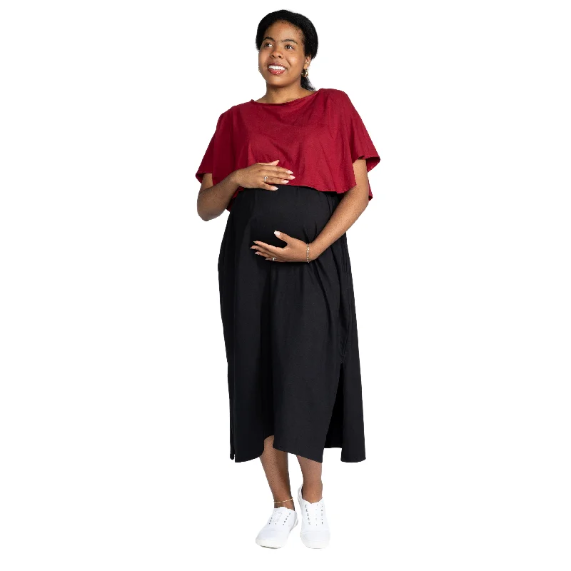 Maroon & Black Nursing Friendly Maternity Maxi Dress