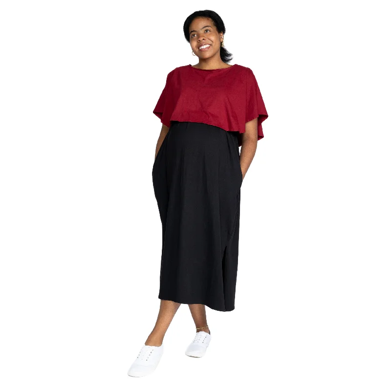 Maroon & Black Nursing Friendly Maternity Maxi Dress