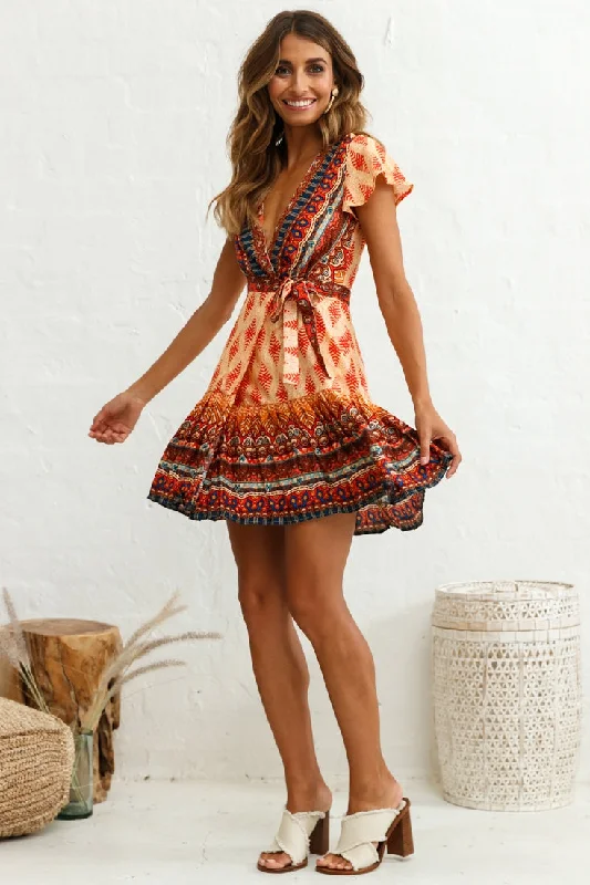 Mayan Angel Sleeve Waist Tie Dress Red Print