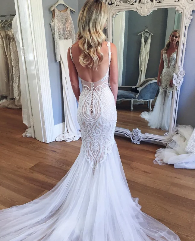 Mermaid Deep V-Neck Sleeveless Lace Tulle Beach Wedding Dresses