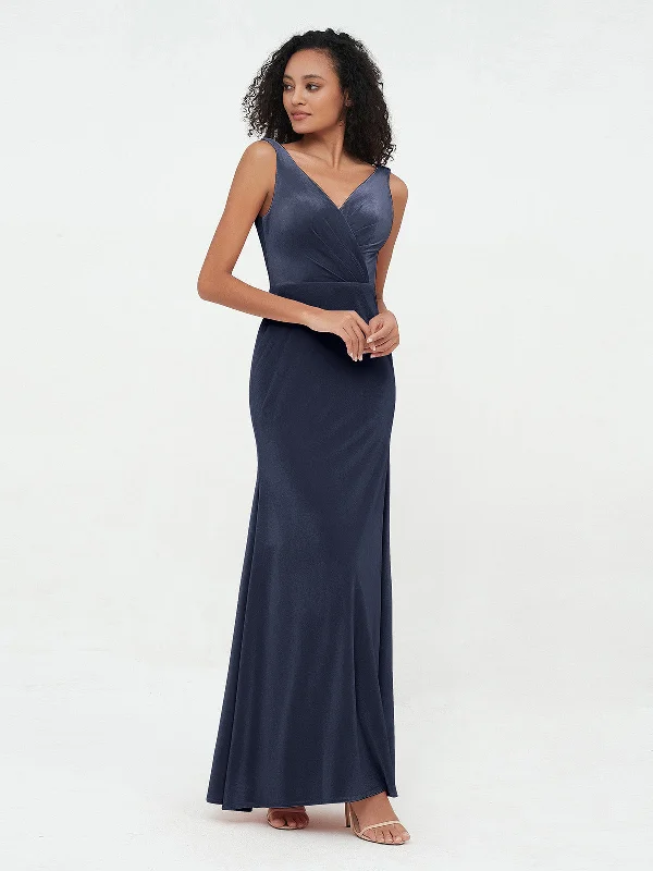 Mermaid Max Velvet Dresses with V Neckline Dark Navy