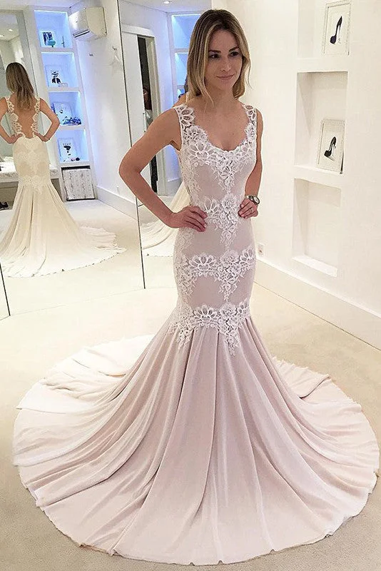 Mermaid Appliqued Sleeveless Chiffon Sexy Backless Bridal Dresses N126