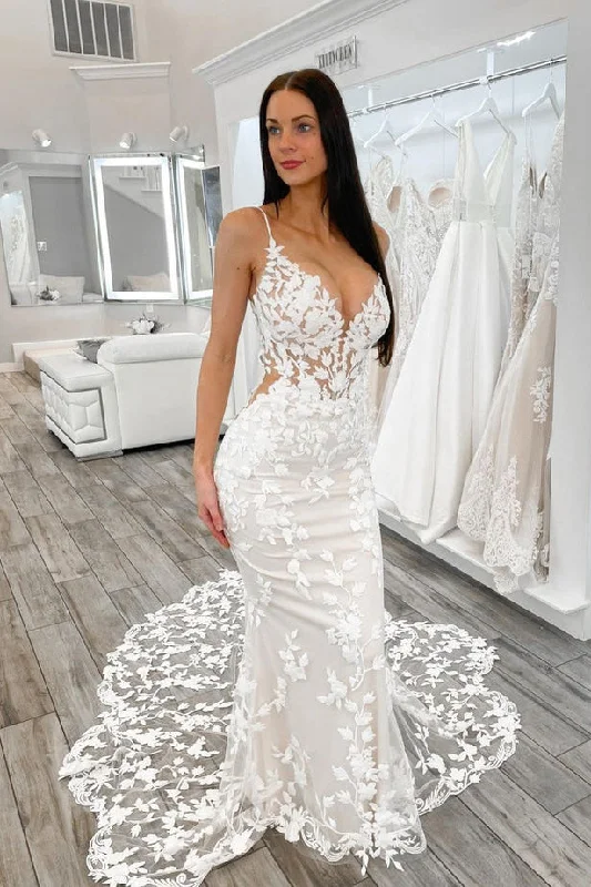 Spaghetti Straps Mermaid Lace Wedding Dresses with Sweep Train N022