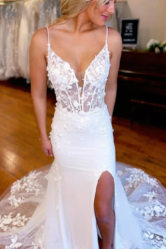 Elegant Mermaid Open Back Lace Wedding Dresses with Split N023