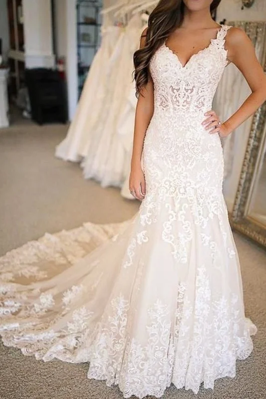 Mermaid V-neck Bridal Dresses Lace Appliques Wedding Dresses