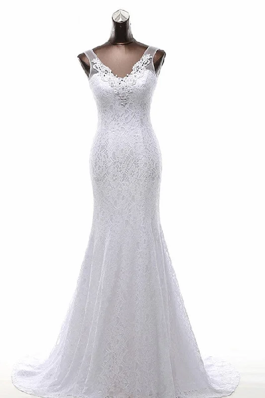 Mermaid V-Neck Beaded Sweep Train Lace Wedding Dresses