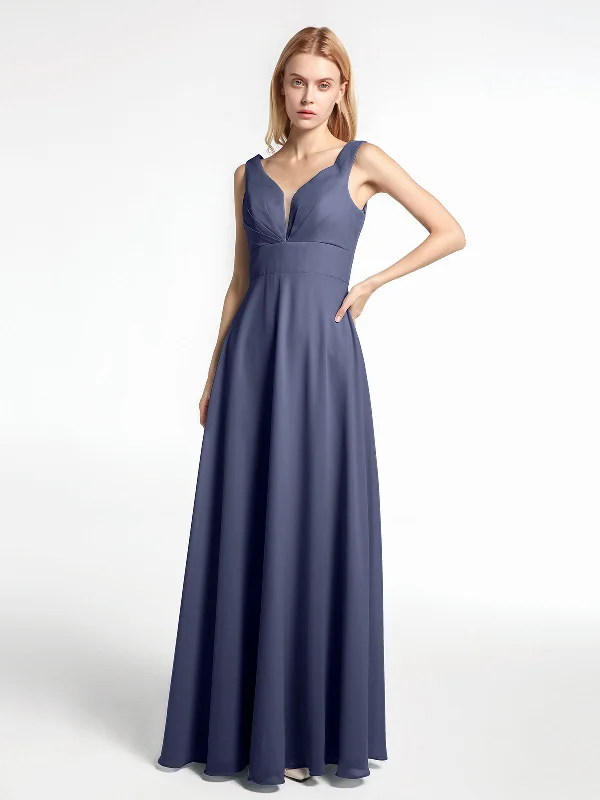 Notch Neck Chiffon Simple Full Length Dress-Stormy