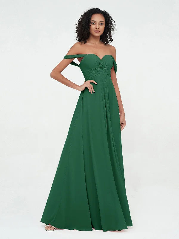 Off Shoulder Empire Dresses with Sweetheart Neck Dark Green