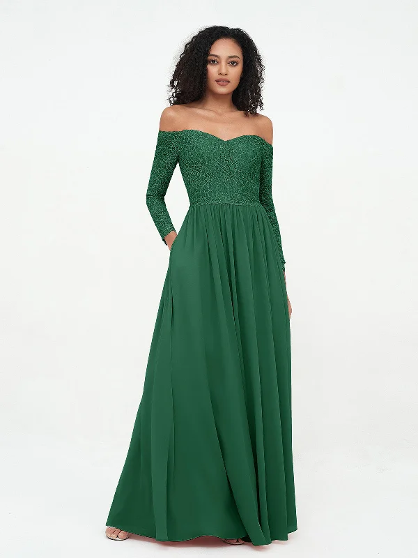 Off Shoulder Lace Top Long Sleeves Dresses-Dark Green