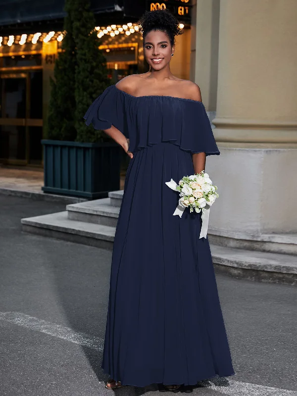 Off the Shoulder Ruffles Chiffon Maxi Dress-Dark Navy