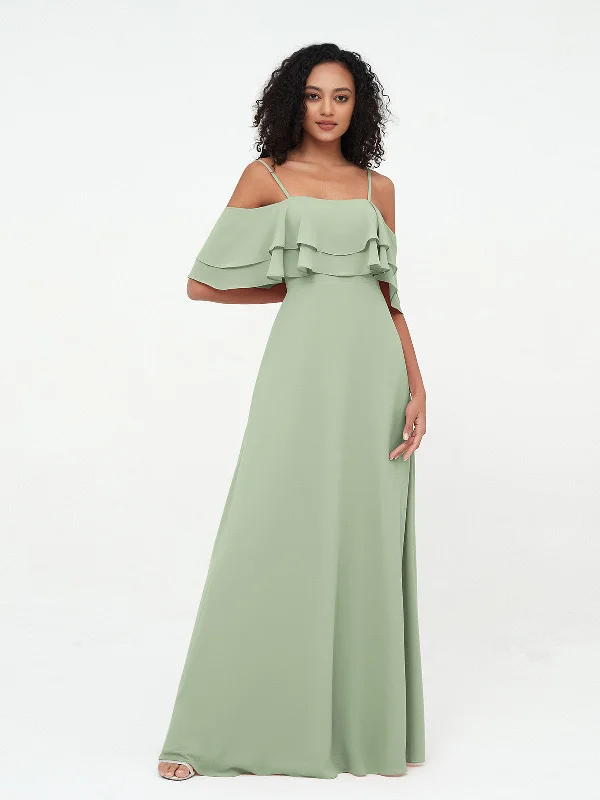 Off-the-Shoulder Spaghetti Straps Max Dresses-Dusty Sage