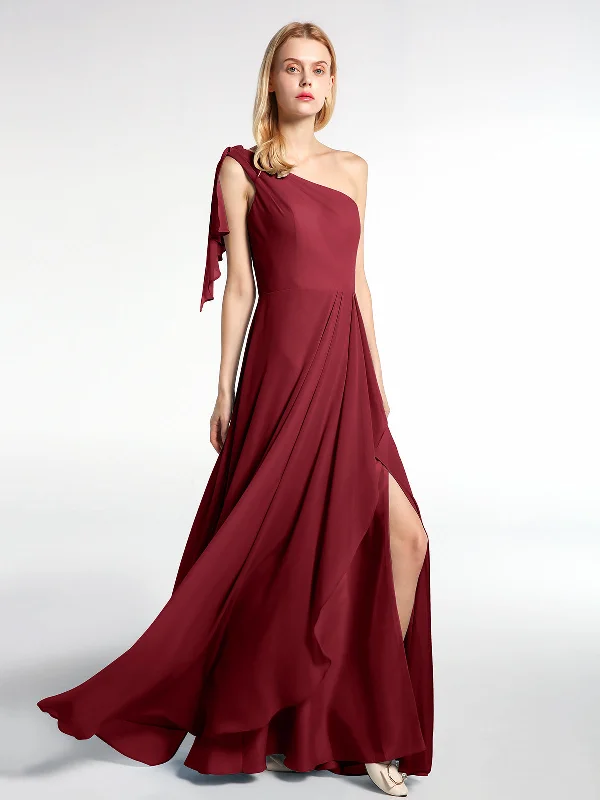 One Shoulder Chiffon Maxi Dress with Cascade-Burgundy