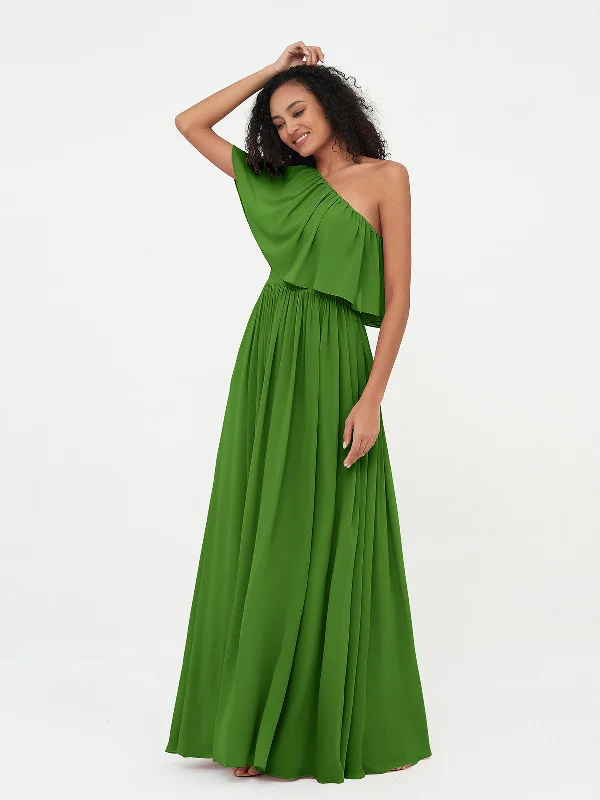 One Shoulder Long Chiffon Dresses with Pockets-Moss