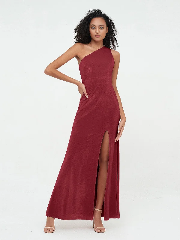 One Shoulder Open Back Velvet Dresses with Slit Burgundy