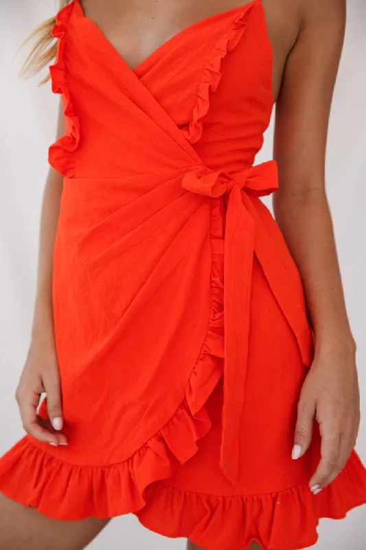 Oui Oui Wrap Ruffle Dress Tangerine