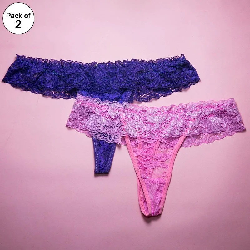 Pack of 2 - Women's Sexy Intimate Lace Thong Panty Extreme Look - Purple & Pink