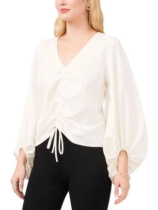 Petites Womens Ruched Puff Sleeves Blouse