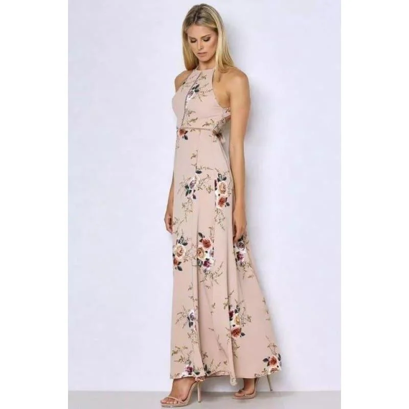 Printed Floral Halter Chiffon Backless Summer Maxi Dress