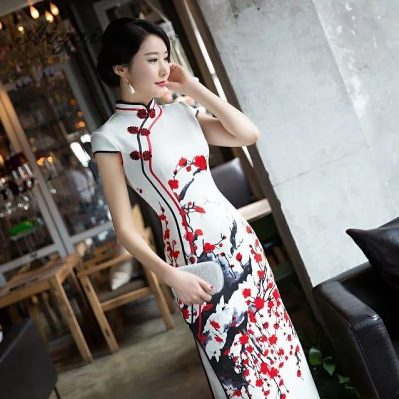 Red Flower Cheongsam White Long Qipao Traditional Dress Oriental Style Maxi Dress