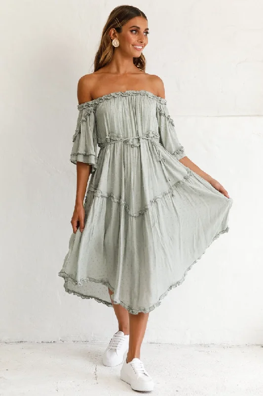 Renoir Off-Shoulder Frill Trim Midi Dress Olive