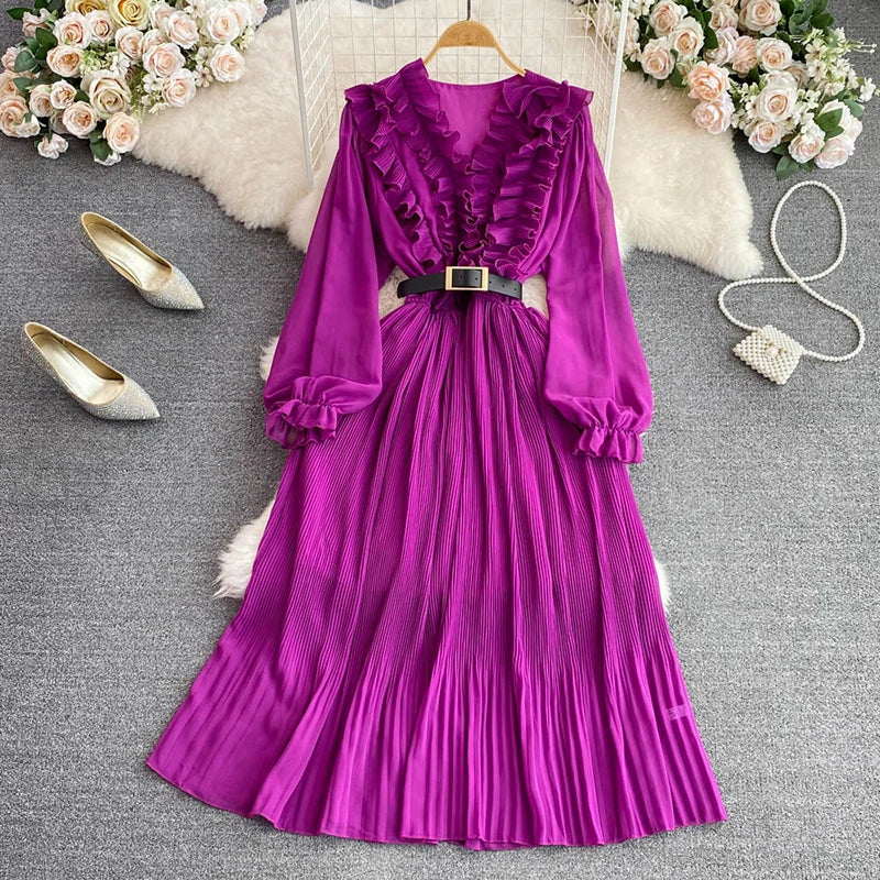 Retro V-neck Ruffled Bubble Long-sleeved Waist Slimming A-line Pleated Midi Dress