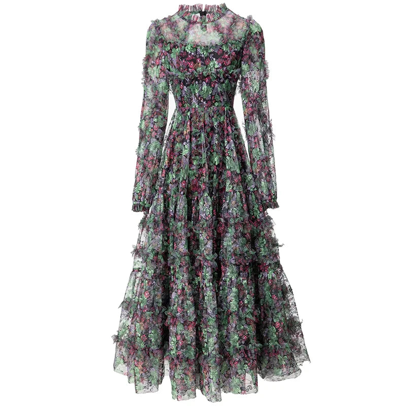 Ruffle Flower Print Vintage Midi Dress